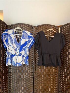 Set of 2 Nine West Blue & White Printed & Black Peplum Blouses - Size Large